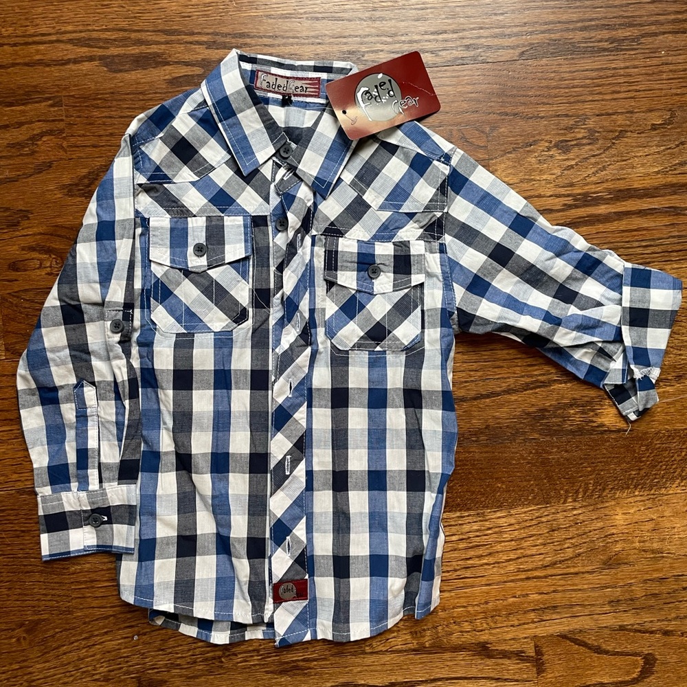 Faded Gear boys size 4 navy and royal blue plaid button down New with tag